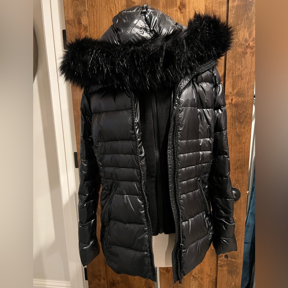 Calvin Klein, black hooded faux fur puffer